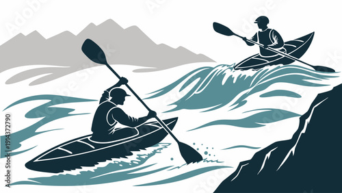 Two Kayakers Navigate Raging Whitewater Rapids for Extreme Sports Adventure Travel Vacation Excitement