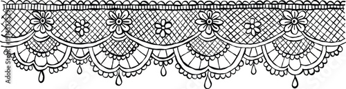 Elegant hand-drawn lace border with floral ornaments and delicate mesh details for invitations, wedding designs, stationery, scrapbooking, textiles, and decorative backgrounds in vintage style