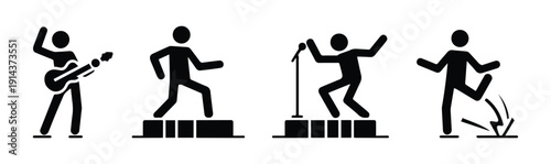 Artist icon, people on stage, man dancing, musician playing guitar, set of stick figures, human silhouettes