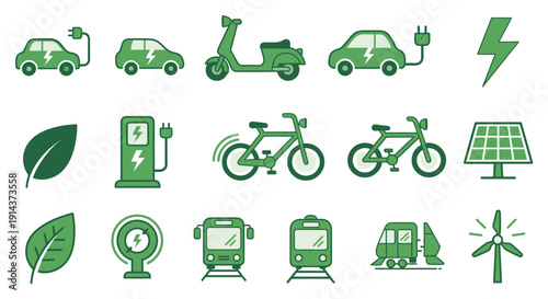 Green Eco-Transportation and Renewable Energy Icons Set, Isolated White Background