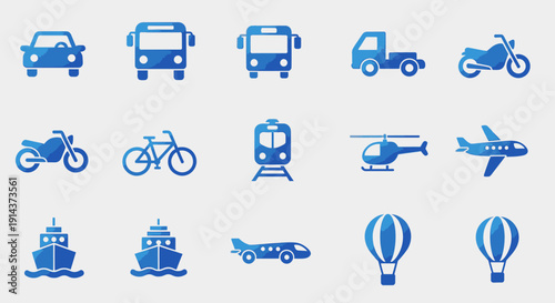 Blue Transportation Icons Set Including Car, Bus, Train, Plane, Ship, and Bicycle on Isolated White Background