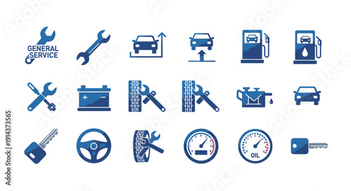 Comprehensive Blue Car Service and Automotive Maintenance Icons, Isolated White Background