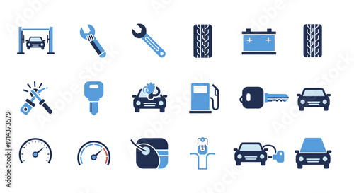 Automotive Car Service and Repair Maintenance Icons Set, Isolated White Background
