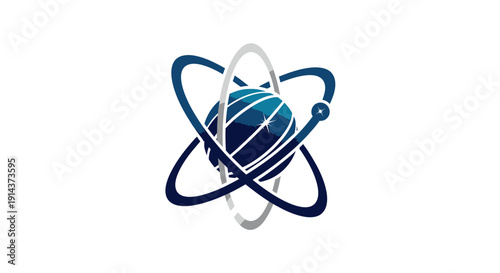 Abstract Global Network Technology Logo with Orbiting Lines, Isolated White Background