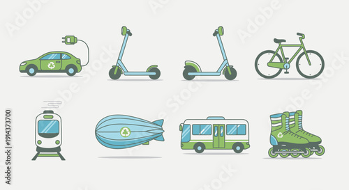 Collection of Green Eco Friendly Electric Vehicles and Sustainable Transportation Icons on Isolated White Background