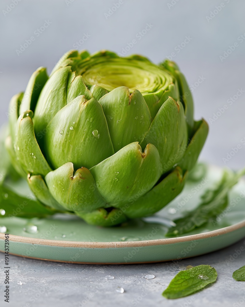 Obraz premium Whole fresh green artichoke with tightly layered leaves placed on a light green plate, surrounded by water droplets and fresh mint leaves on a textured gray background