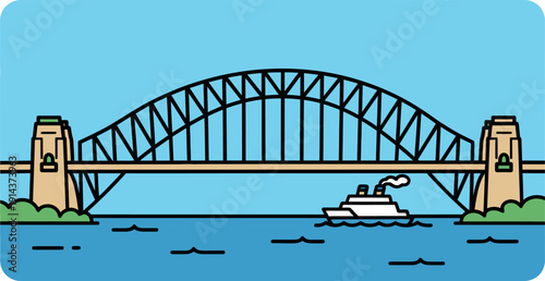 Iconic arch bridge spanning a wide blue river with a passenger ferry sailing underneath on a clear day in a flat illustration style