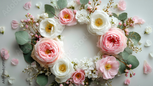 Romantic Flower Wreath with Pink Roses and White Peonies on a Light Background