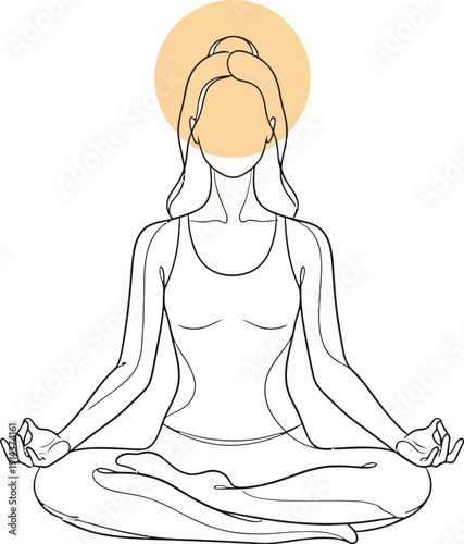 Serene woman in lotus position meditating with peaceful expression and calm demeanor surrounded by simple line art and soft warm light.