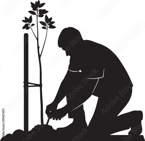 Man planting a young tree in silhouette, demonstrating commitment to environmental conservation.