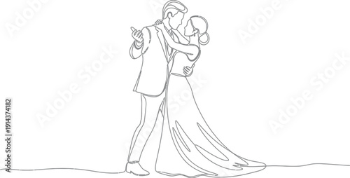 Elegant couple dancing together in a romantic embrace showcasing love and connection in a continuous line art drawing style.