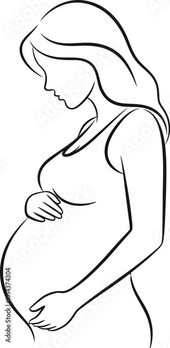 Simple line drawing of a pregnant woman touching her belly with both hands gently holding it in a tender gesture, showcasing a serene and peaceful moment.