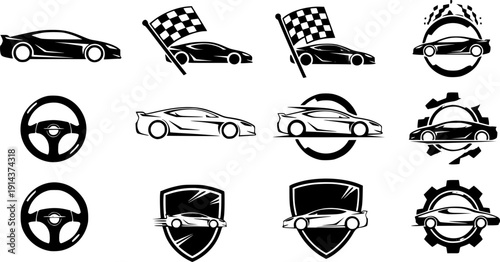 Sports car logo icon set. Motor vehicle silhouette emblems. Auto garage dealership brand identity design elements. Vector illustrations 
