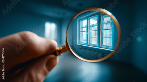 Inspector using magnifying glass to examine an old window in an empty room.