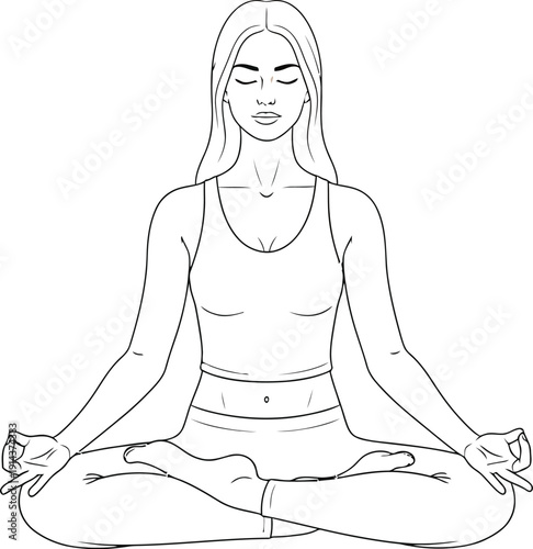 Serene woman meditating in lotus position with eyes closed and hands on knees symbolizing inner peace and mindfulness in simple line art illustration.