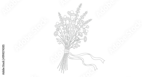 Beautiful bouquet of wildflowers tied together with ribbon, simple black and white line drawing style, elegant and charming floral arrangement.