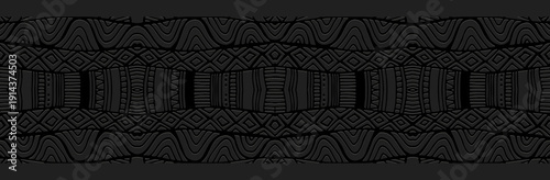 Banner, cover design, mural. Geometric exotic pattern, embossing. Black background. Ornaments, arabesques, mandalas. Ethnic and tribal traditions of the East, Asia, India, Mexico, the Aztecs, and Peru