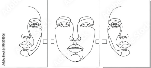 Modern minimalist triptych artwork featuring three stylized line drawings of a woman's face in profile and full view in black on white canvas