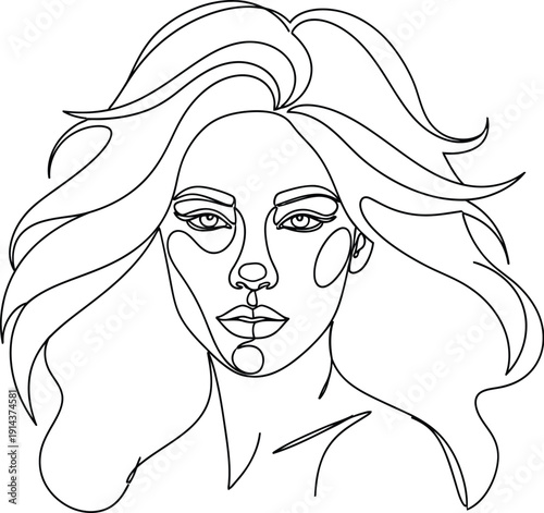 Minimalist line art portrait of a woman with flowing hair and facial piercings conveying elegance and modern style in a simple black and white illustration.