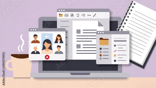 Business Online business meeting on laptop with video call and documents