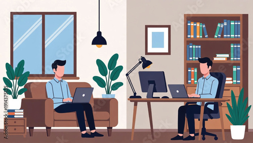 Business Remote Work Office and Home Office Setup with Laptops