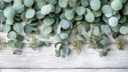 Eucalyptus leaves border on white wood; wedding invitation background
