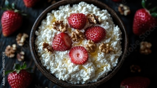 Cottage cheese, strawberries, walnuts, honey, dark wood, breakfast, food photography, recipe