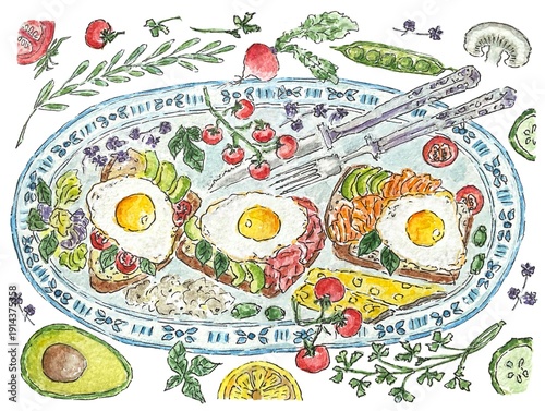 Plate with breakfast, watercolor illustration