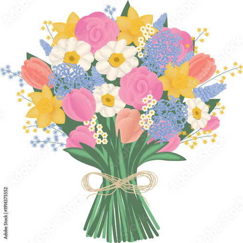 Colorful spring bouquet with tulips, daffodils, ranunculus, chamomile and small wildflowers tied with ribbon. Floral vector illustration in flat style isolated on light background