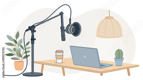 Home podcast studio setup with microphone, laptop, and coffee for recording audio content
