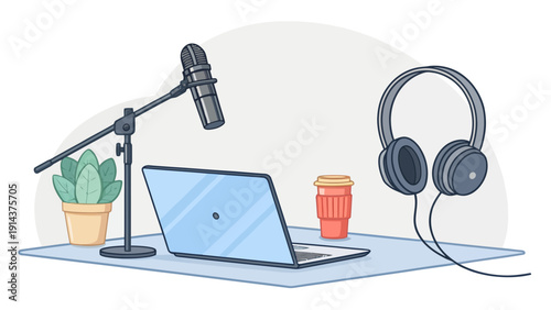 Podcast recording setup with professional microphone, laptop, headphones, and coffee