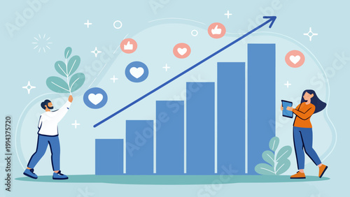 Business growth concept: Diverse team celebrates rising bar graph with social media icons, illustrating success.