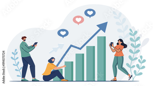 Social media analytics concept: Diverse group observing rising graph and engagement icons on their devices.