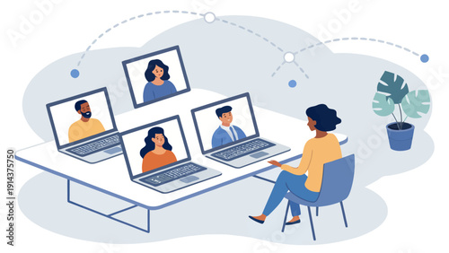 Diverse group of people connect and collaborate remotely via video conference on laptops, symbolizing modern business communication and teamwork.