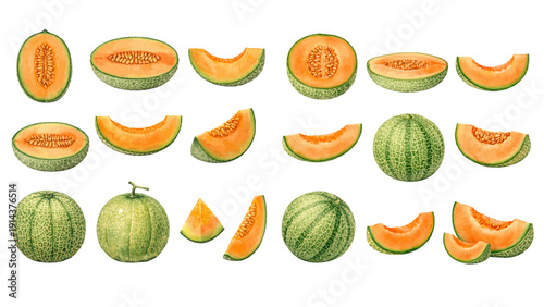 A charming watercolor collection of ripe cantaloupe melons, including whole fruits, halved melons with seeds, fresh slices, and detailed textured rinds.