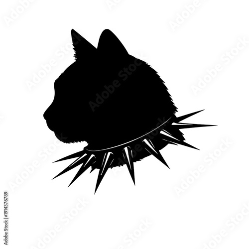 Black cat head silhouette with spiked collar isolated on white background, bold edgy graphic in gothic punk style suitable for logo, tattoo or sticker design.
