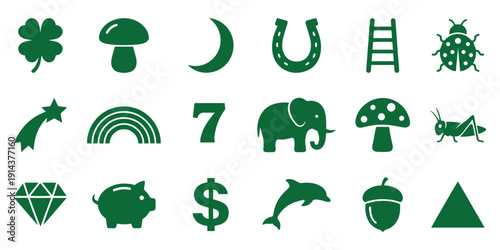 Good Luck Symbols Icon Set in Minimal Black Silhouette Style.