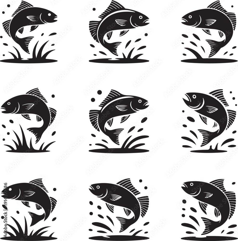 Obraz premium Dynamic black silhouettes of nine different jumping fish with water splashes and aquatic plants