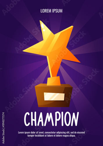 A vertical rectangular banner with sports awards and trophies. A certificate in memory of sports victories, a poster to motivate players. A gold cup in the shape of a star
