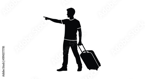 A traveler points forward with a rolling suitcase black silhouette