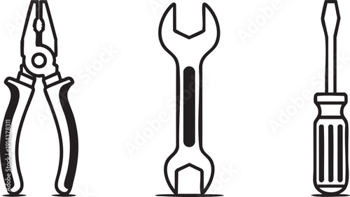 Black and white line of pliers wrench and screwdriver tools