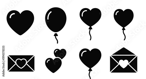 Black heart and balloon shapes with envelopes a distinctive silhouette