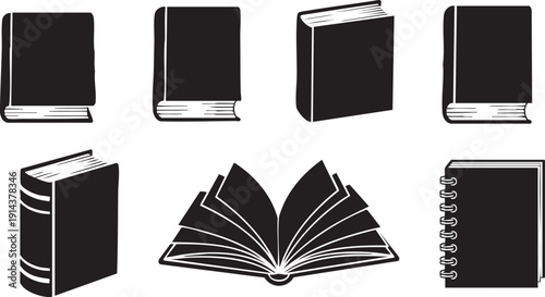 Black and white of books in various orientations closed books open book
