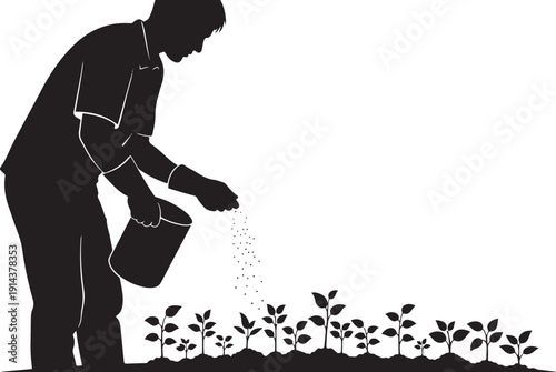 Silhouette of a man fertilizing young seedlings in a garden row, signifying growth, nurturing, and agricultural care.