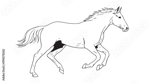 Elegant white horse trotting in graceful line art illustration.