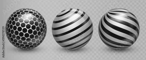 Abstract 3D silver ball set with decorative pattern. Black and white spheres, glass circle shapes, holiday decorative design elements