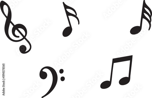 Black musical notes on white background treble clef bass clef 1 eighth note quarter note