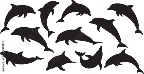 Black silhouettes of dolphins swimming on white background