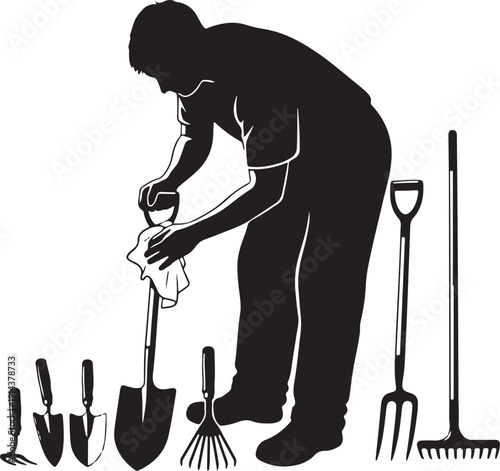 Silhouette of a gardener cleaning garden tools, including shovels, rakes, and trowels, after a day of work, symbolizing upkeep and preparation.