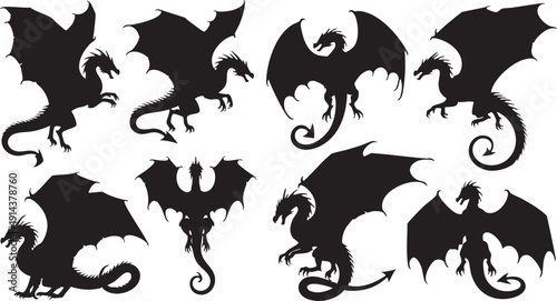 Black silhouettes of various dragons on white background mythical creature 1